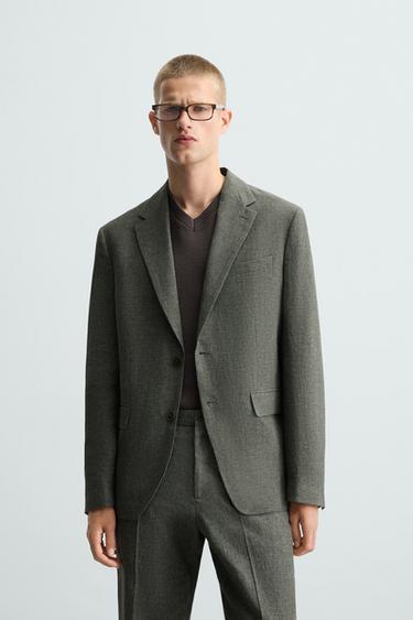 HOUNDSTOOTH LINEN BLEND SUIT BLAZER - Green / Ecru by Zara