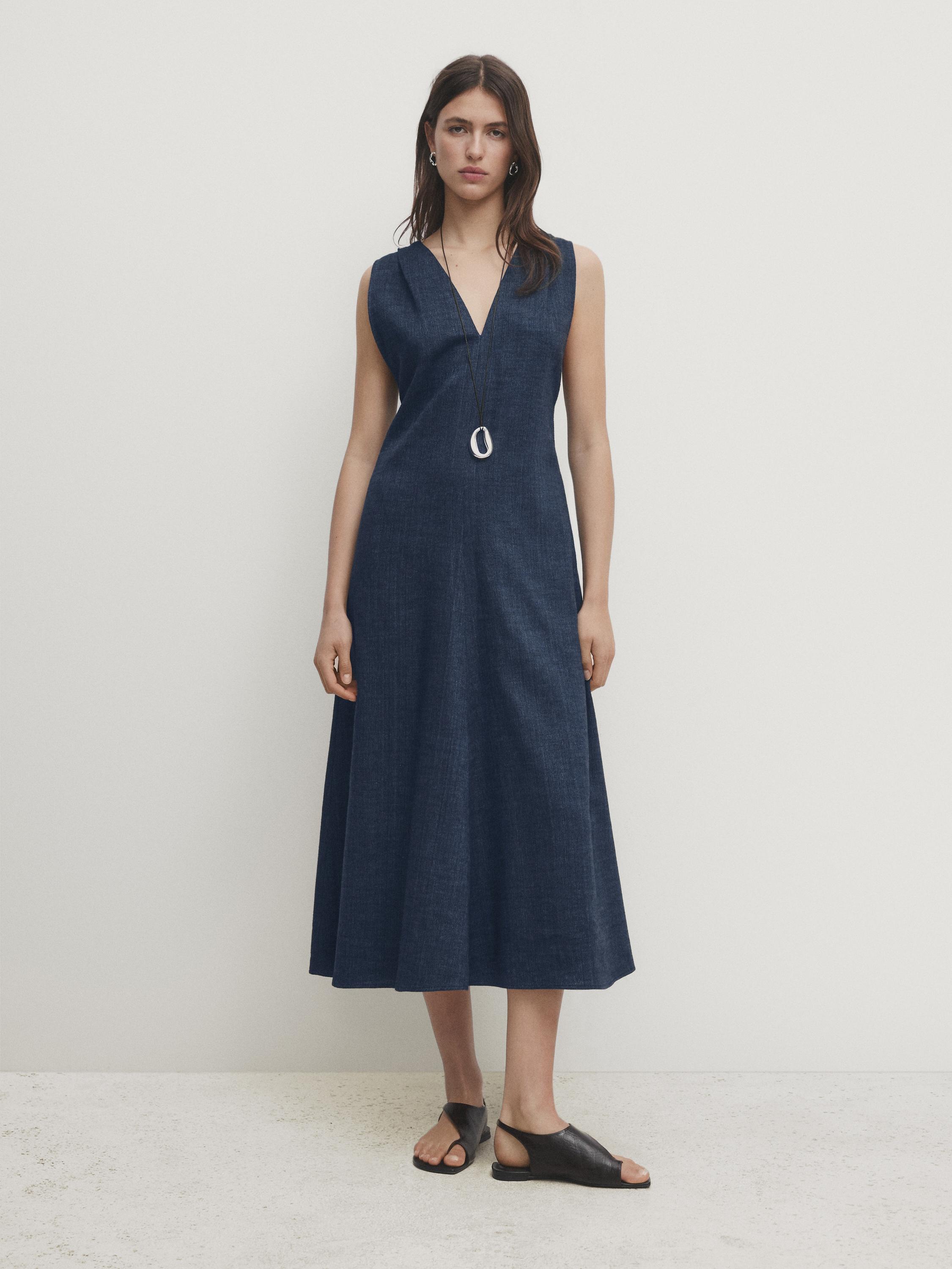 Denim-effect midi dress with wide straps - Indigo | ZARA United States