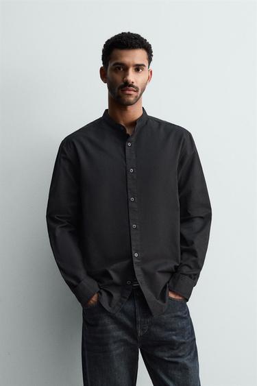 CHEMISE OXFORD À COL BANDE - Noir de Zara