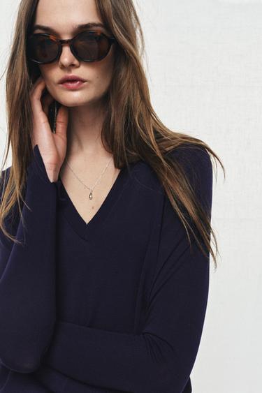 Zara EXTRAFINE V-NECK KNIT JUMPER - Ink blue