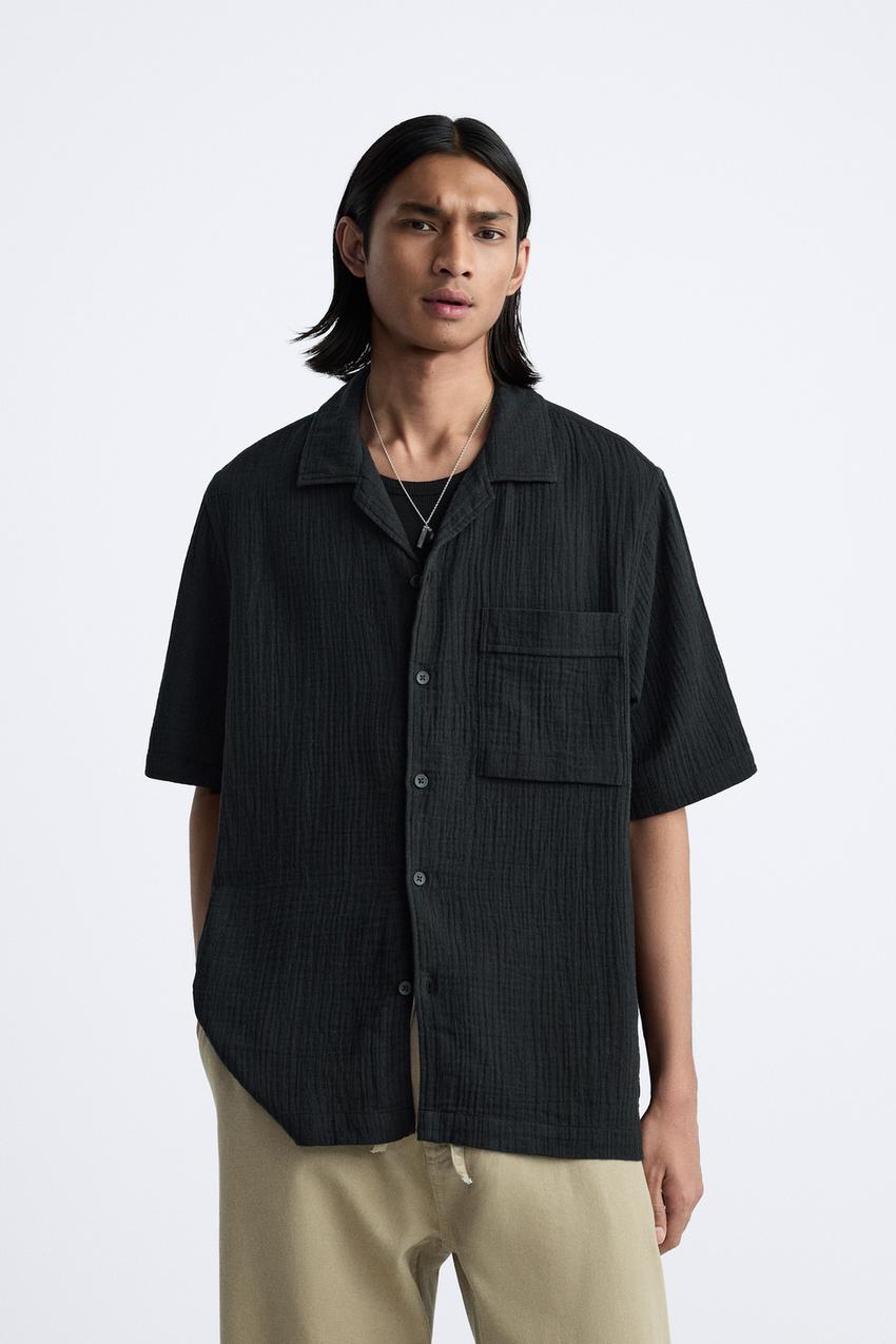 Order Zara Oversized Half Cuban Collar Shirt Black XS Online From
