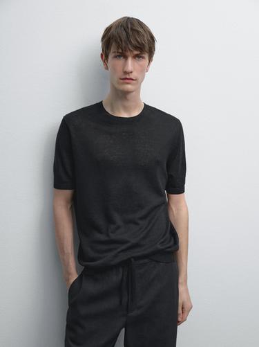Zara 100% linen short sleeve knit T-shirt - Black