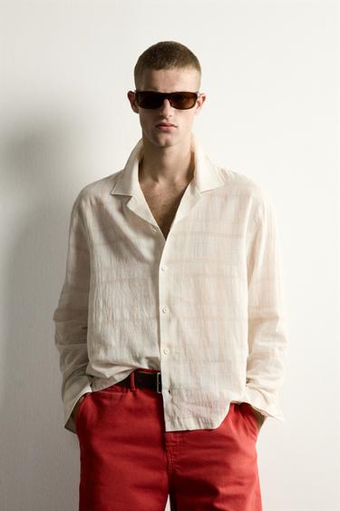 Zara RELAXED FIT COTTON-LINEN JACQUARD SHIRT - Ecru