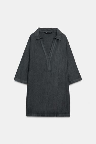 TÚNICA CON LINO ESCOTE PICO - Gris antracita de Zara