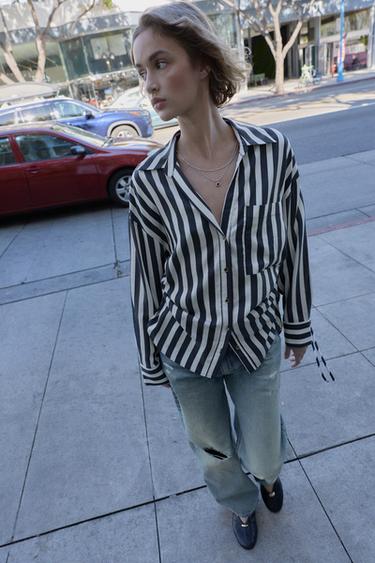 CHEMISE À RAYURES AVEC CORDONS LATÉRAUX - Écru / Noir de Zara - Image 3