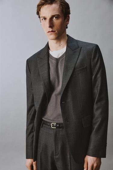 100% WOOL CHECK SUIT BLAZER - Dark grey marl by Zara - Image 5