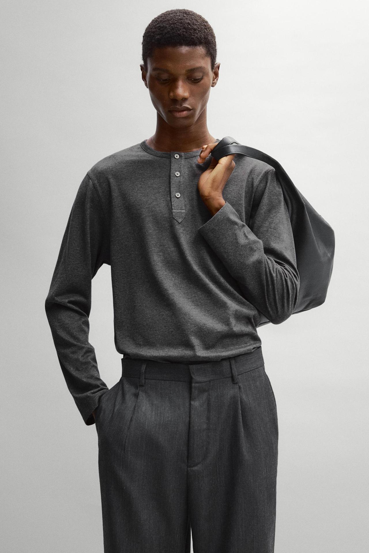 100% lightweight cotton henley T-shirt — Gray marl