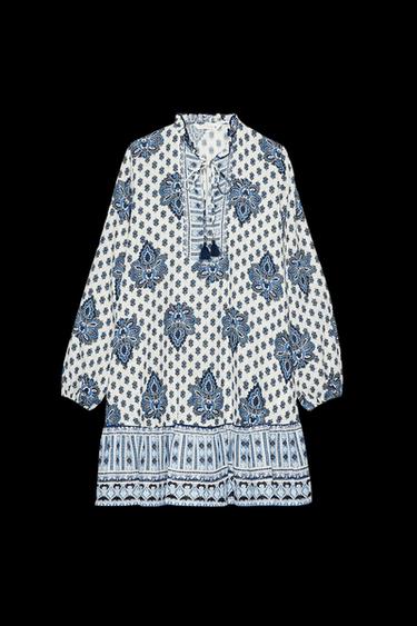 Zara PRINTED MINI DRESS - Ecru / Blue - Image 0
