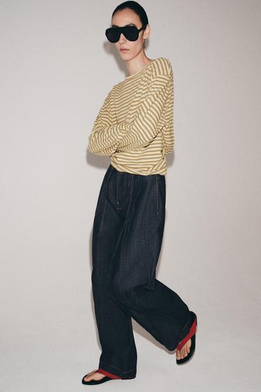 Zaras RANDIG T-SHIRT AV BOMULL OCH LINNE - Beige/rostad
