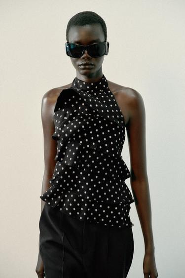 POLKA DOT RUFFLE HALTER TOP - Black / White by Zara