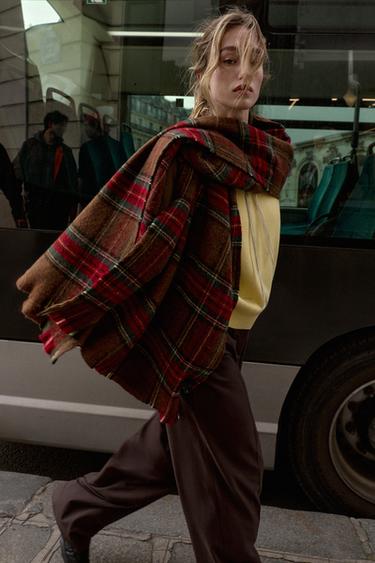 Zara PLAID FRINGED SCARF - Brown