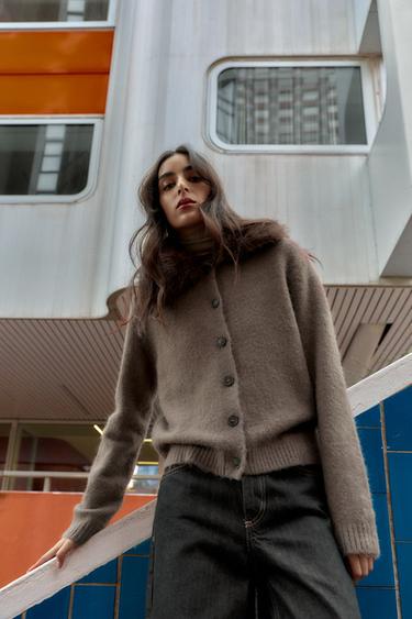 퍼 라펠 니트 재킷 - Zara 그레이 밍크