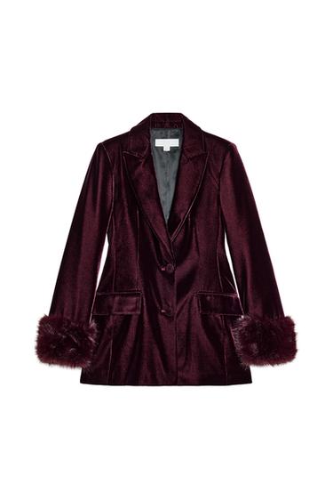 VELVET BLAZER WITH FAUX FUR CUFFS