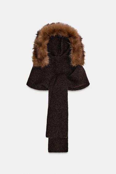 FAUX FUR SCARF HOOD - Brown by Zara