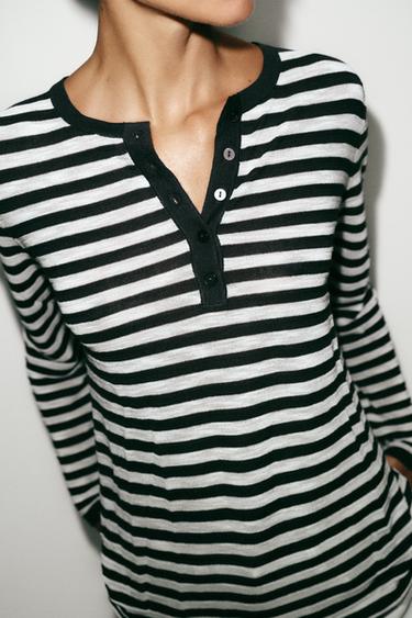 PULL RAYURES BOUTONS - Bleu marine / Blanc de Zara - Image 3