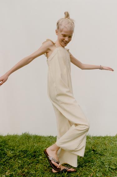 LONG LACE TRIM LINEN BLEND JUMPSUIT - Ecru by Zara