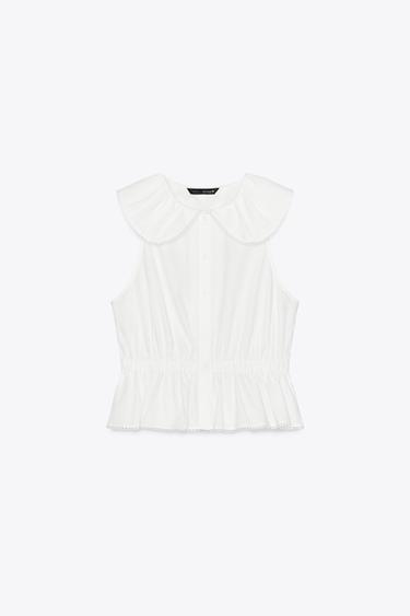 Zara PETER PAN COLLAR POPLIN TOP - White