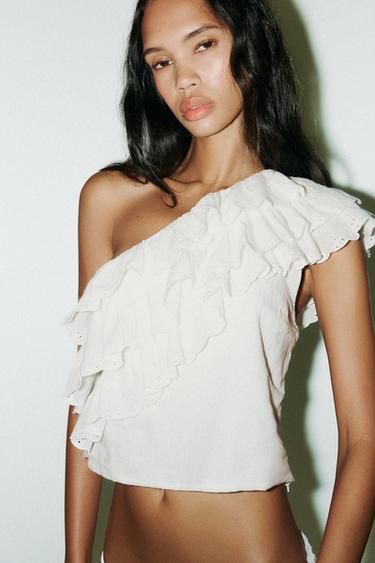 ASYMMETRISCHES TOP AUS GASA MIT VOLANTS - Weiß von Zara