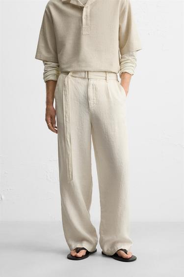 100% LINEN TROUSERS WITH BELT - Ecru by Zara