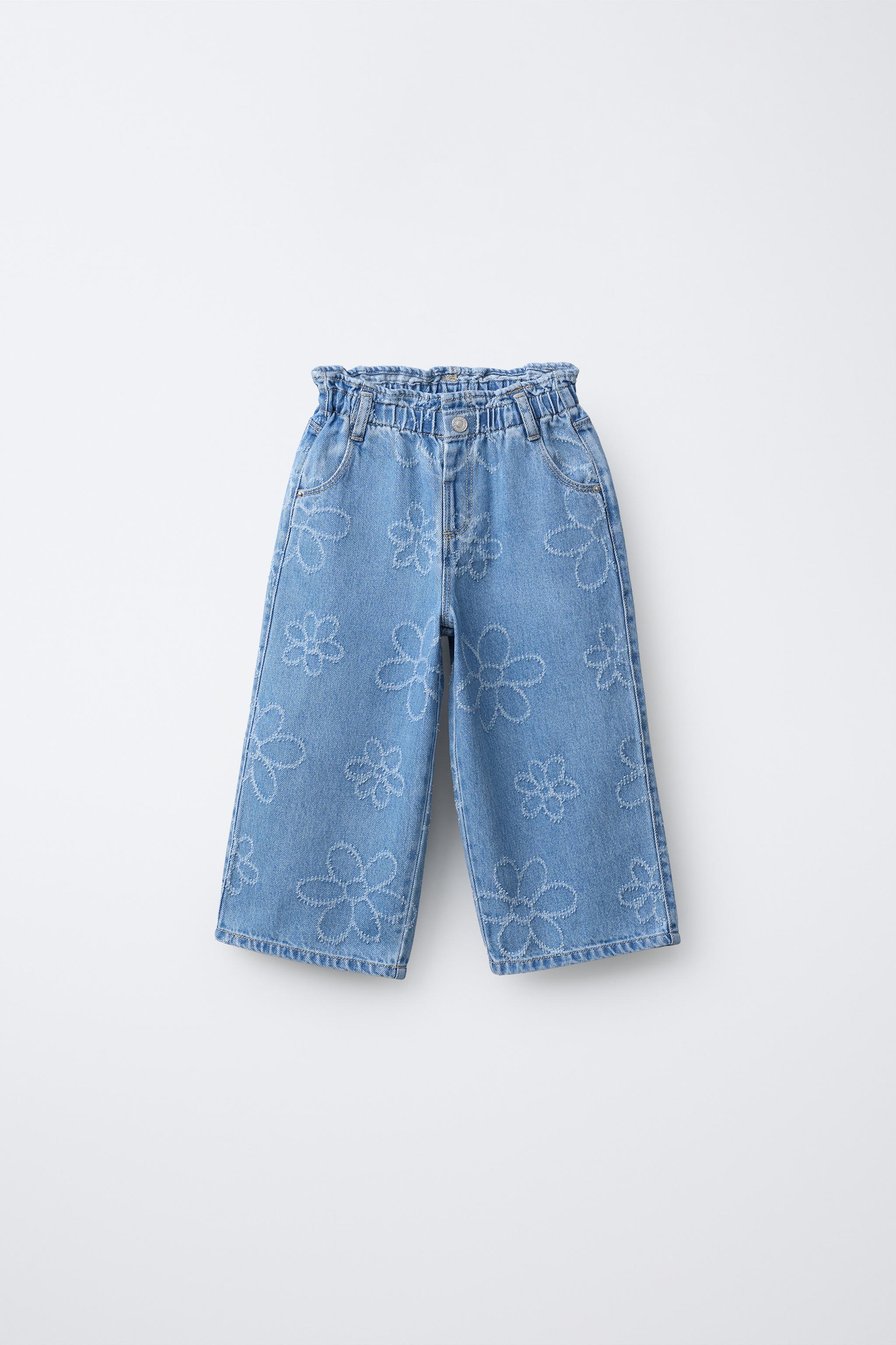 ワイドレッグ刺繍フラワーデニムパンツ - ブルー | ZARA Japan / 日本