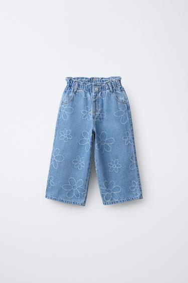JEANS WIDE LEG FLORES BORDADAS - Azul de Zara