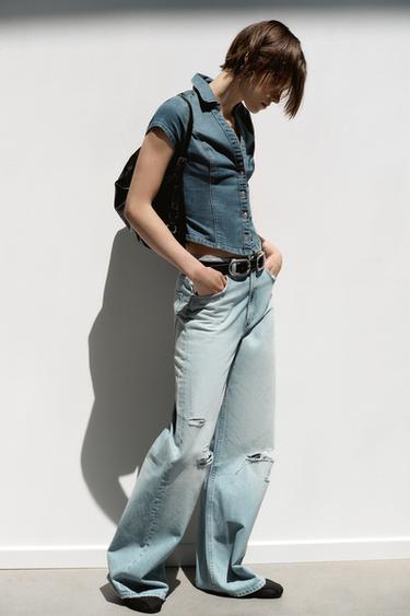 TRF EXTRA WIDE-LEG HIGH-WAIST RIPPED JEANS - Light blue by Zara