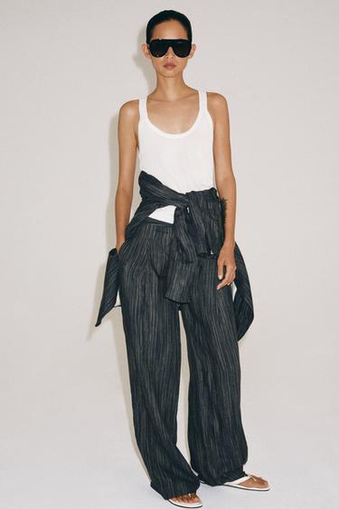 PANTALÓN LINO RAYAS ZW COLLECTION - Gris azul de Zara