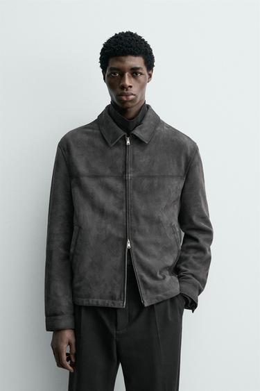 BLOUSON RÉGULAR FIT EN CUIR DAIM - Gris anthracite de Zara