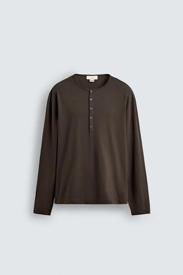 Zara LIMITED EDITION HENLEY SHIRT - Brown