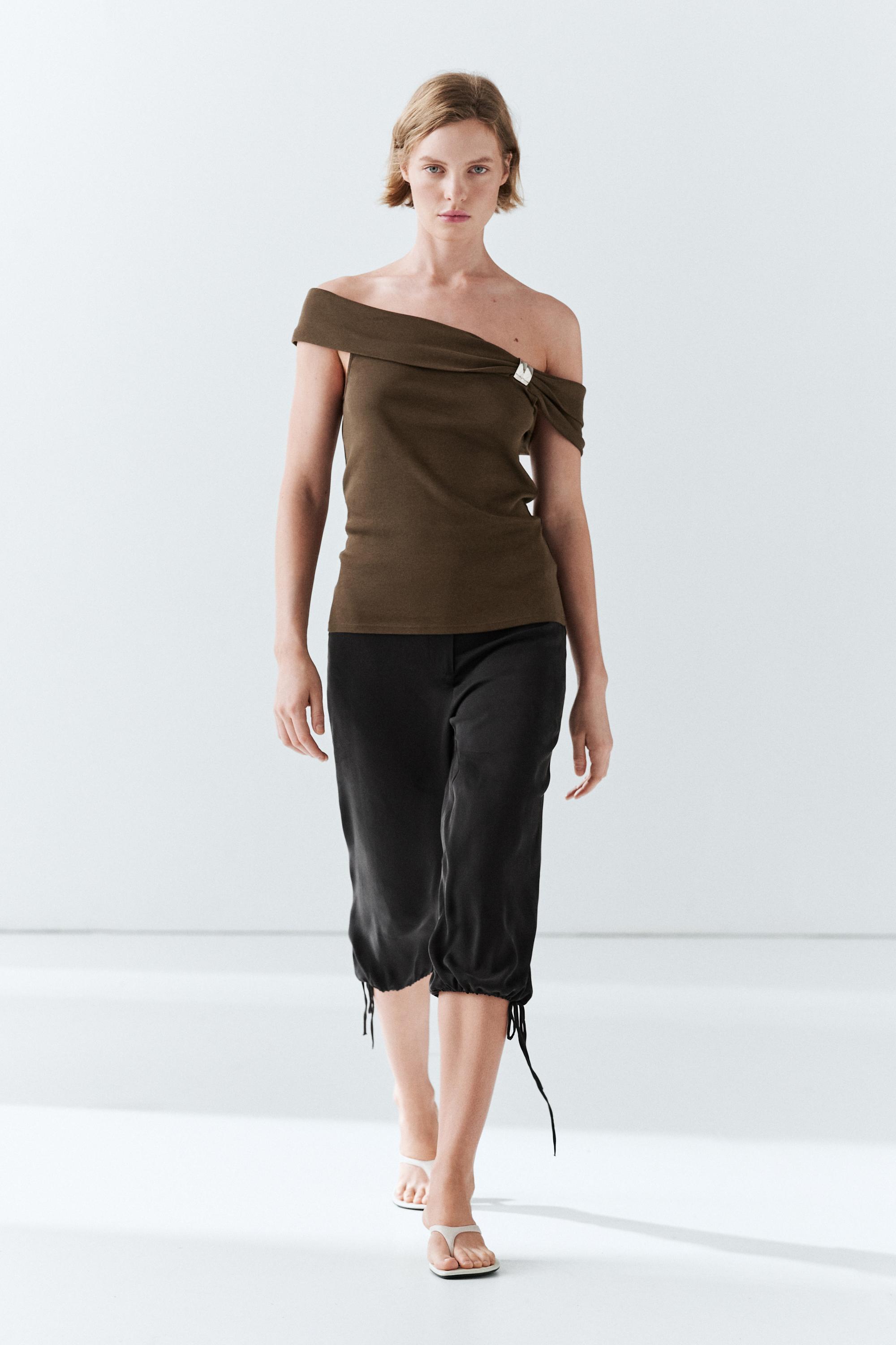 Off-the-shoulder top with jewel detail - Khaki | ZARA Canada