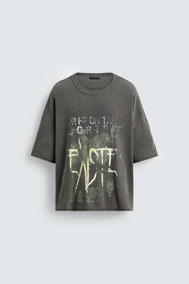 WASHED PRINTED KNIT T-SHIRT - washed green by Zara