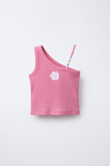 CAMISETA ASSIMÉTRICA COM NERVURAS E MIÇANGAS - Fúcsia da Zara - Imagem 0