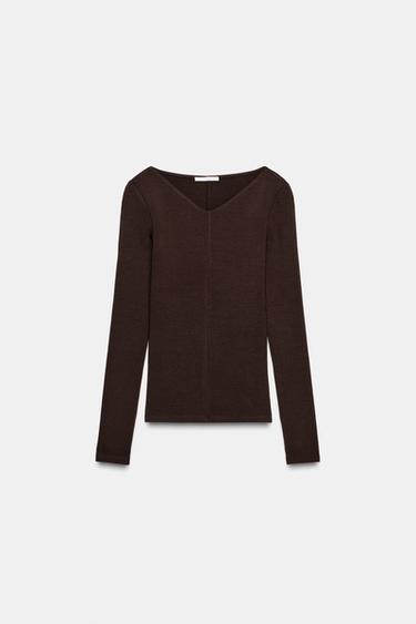 T-SHIRT COL EN V - Marron de Zara - Image 3