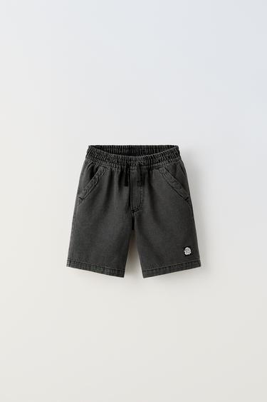 LABELLED DENIM BERMUDA SHORTS WITH DRAWSTRING - Black by Zara
