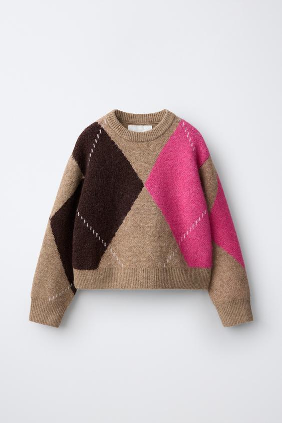 KNIT ARGYLE JUMPER - Brown by Zara - Image 0