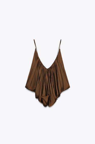 Zara ZW COLLECTION SATIN DRAPED TOP - Tobacco