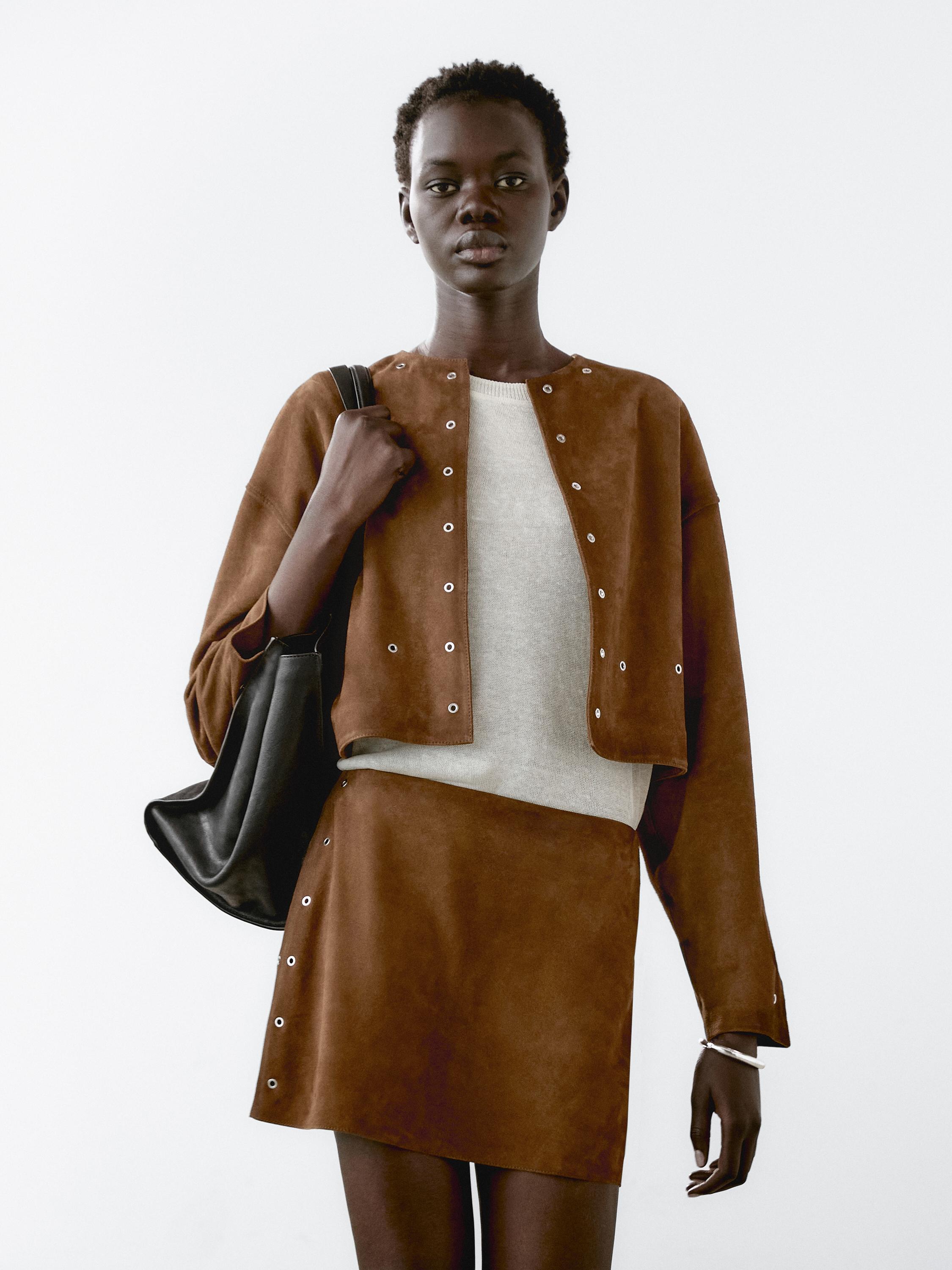 Suede leather jacket with eyelets - Light brown | ZARA
