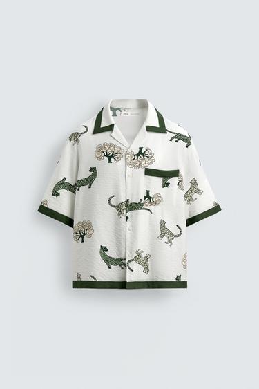 Zara ANIMAL PRINT SHIRT - Ecru / Green