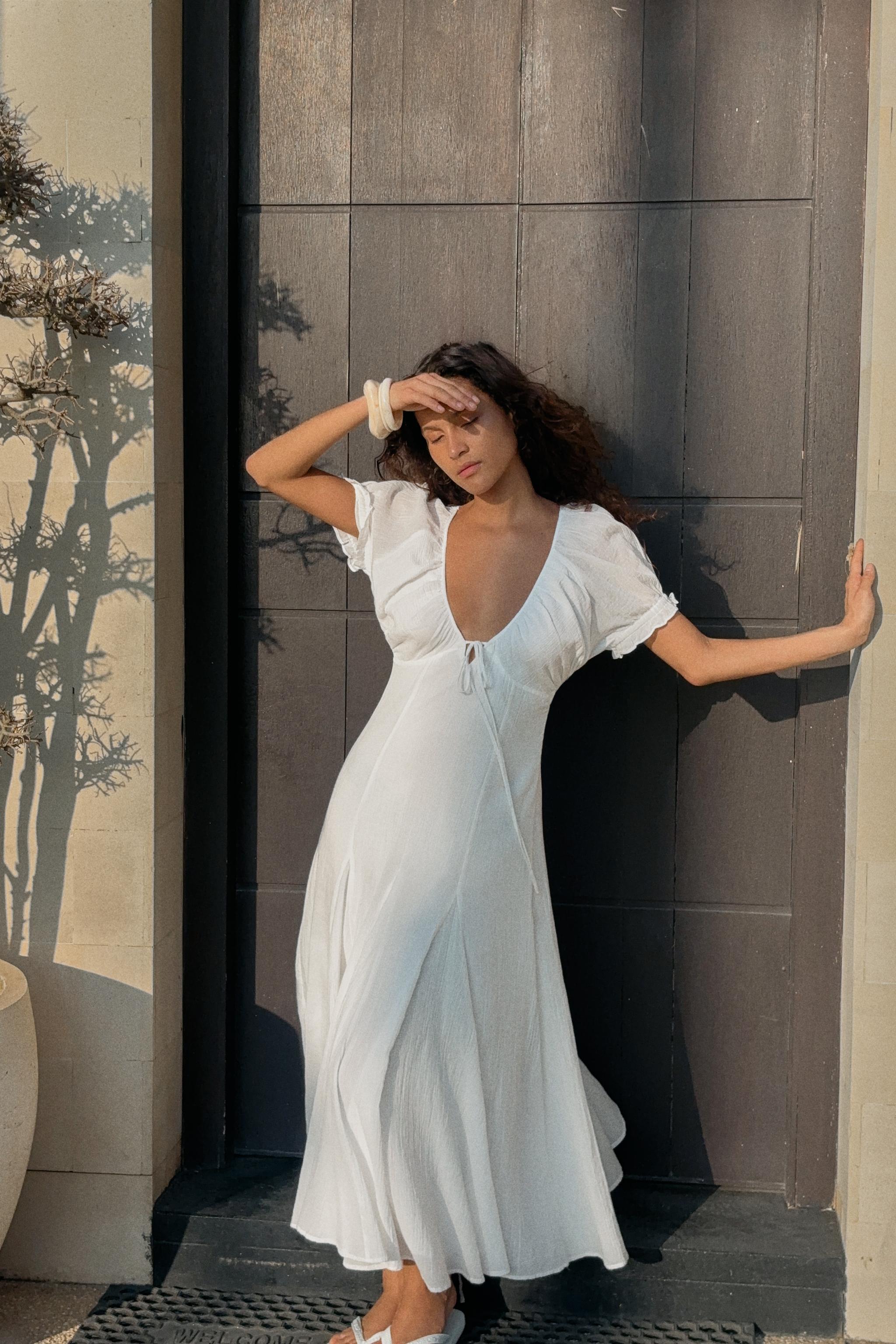 zara cotton chiffon dress CHIFFON GODET MIDI DRESS - White