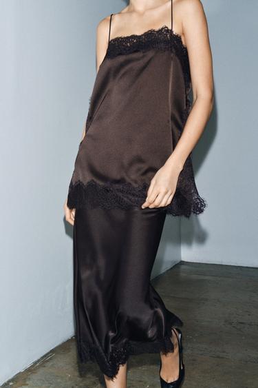 ZW COLLECTION SATIN LACE SKIRT - Dark brown by Zara
