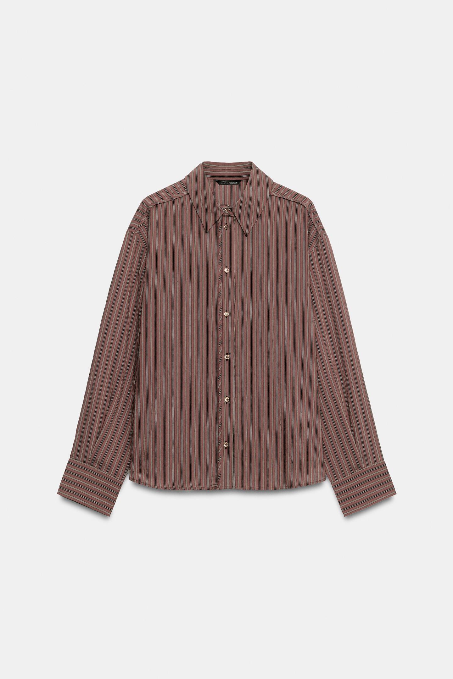 Женская рубашка Zara Striped Flowy, цвет: Коричневый / Экрю — фото 7