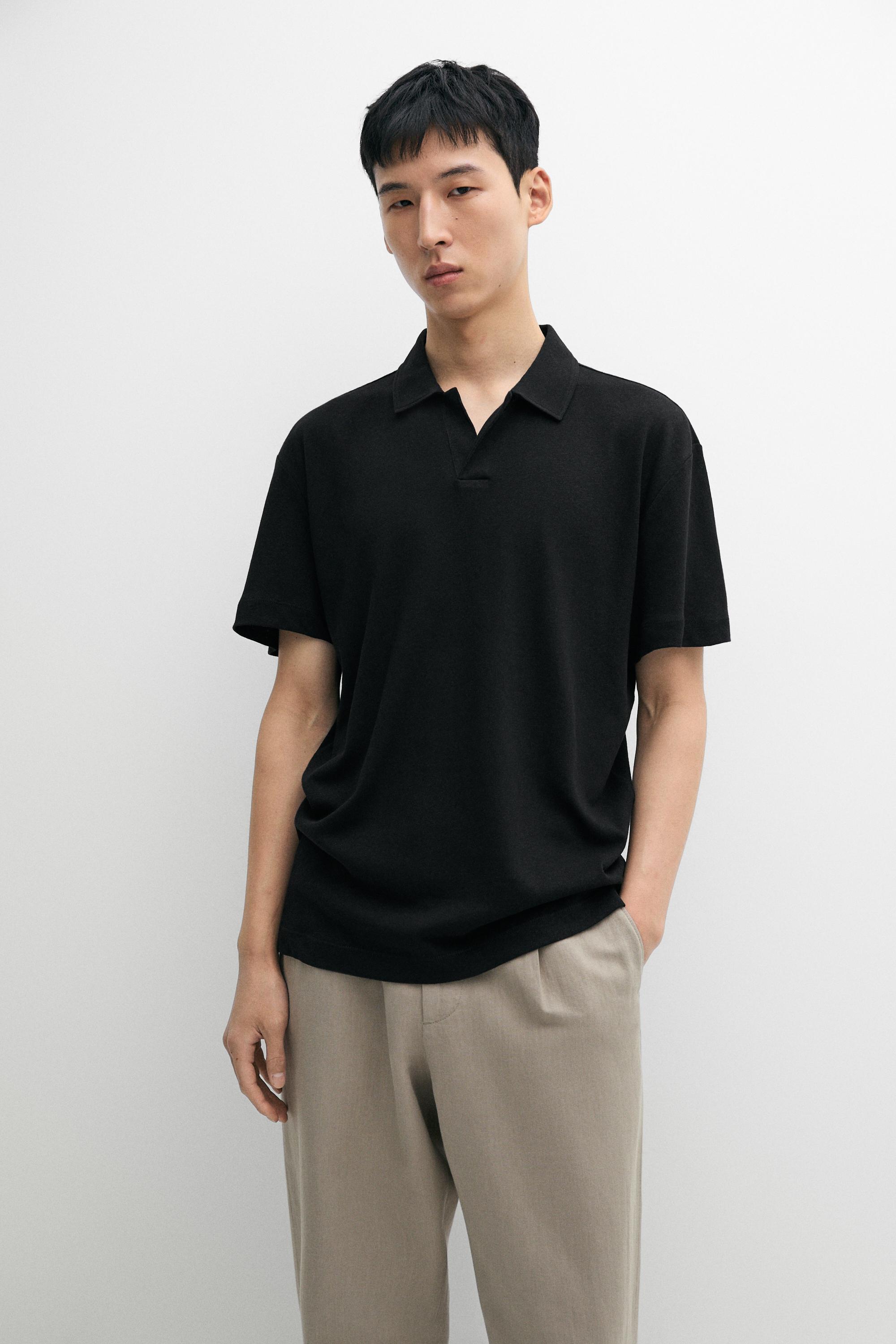 Short sleeve linen cotton polo shirt — Black