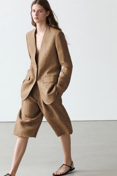 Americana traje melange 100% lino - Tostado de Zara