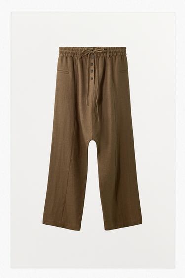 Zara LINEN BLEND BAGGY PANTS - Brown