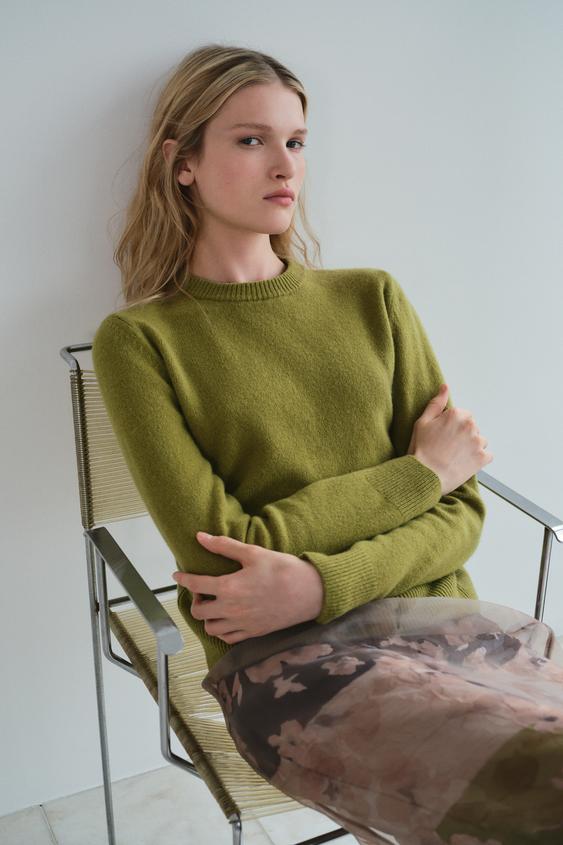 Zara CASHMERE AND WOOL BLEND BASIC SWEATER - Olive green - Image 3