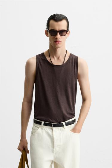 100% LINEN VEST TOP - Brown / Taupe by Zara