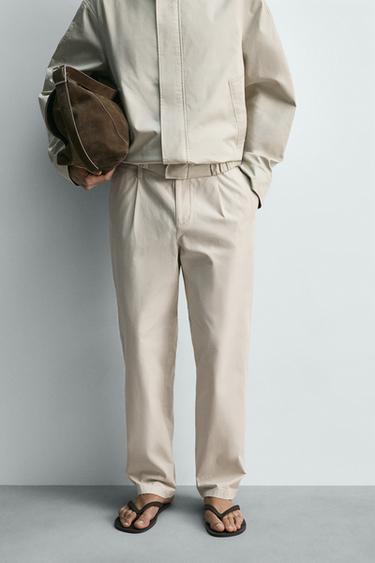 Zara PLEATED STRAIGHT FIT PANTS - Stone