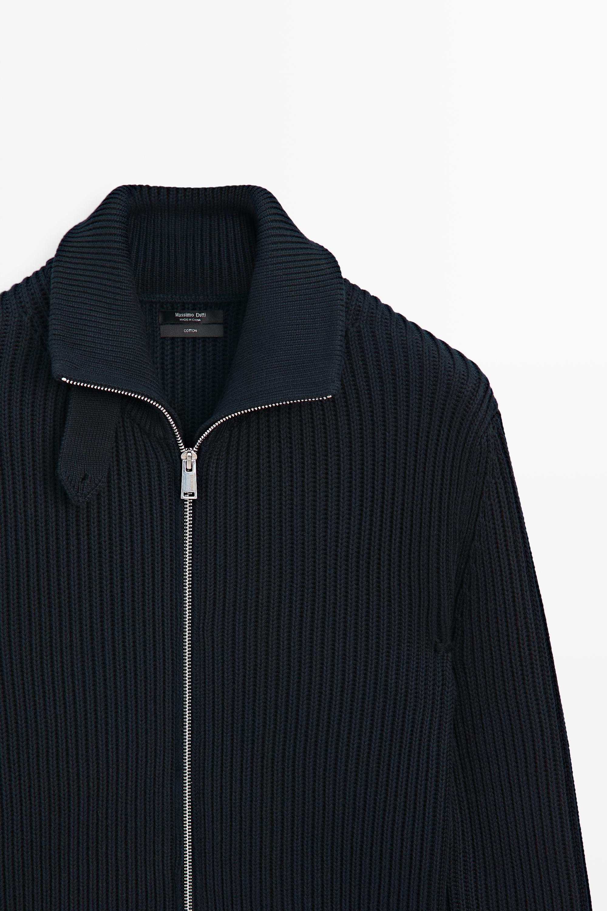 100% cotton knit cardigan with high neck detail — Navy blue