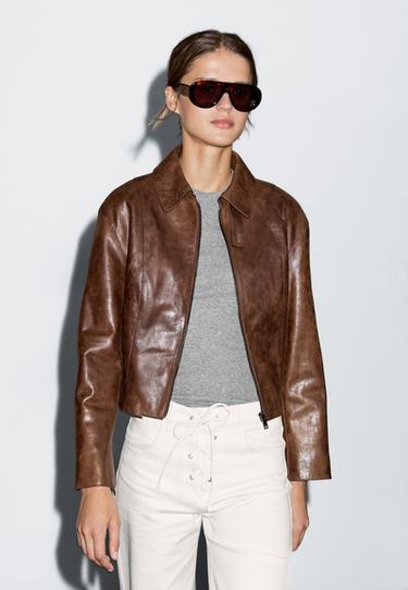 Cazadora corta piel napa - Coñac de Zara