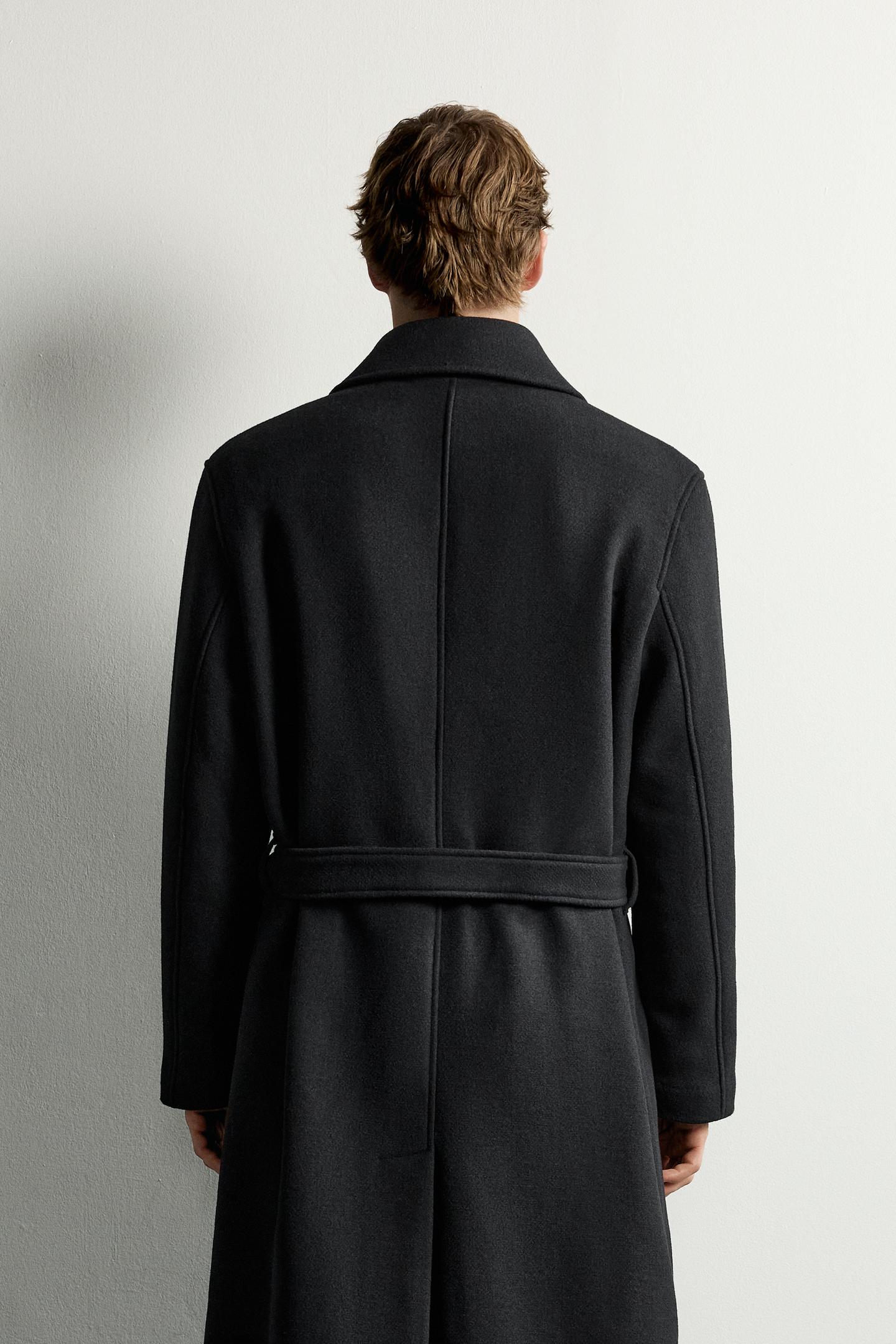 Мужское пальто Zara Wool-Blend Belted Double-Breasted, цвет: Чёрный — фото 3